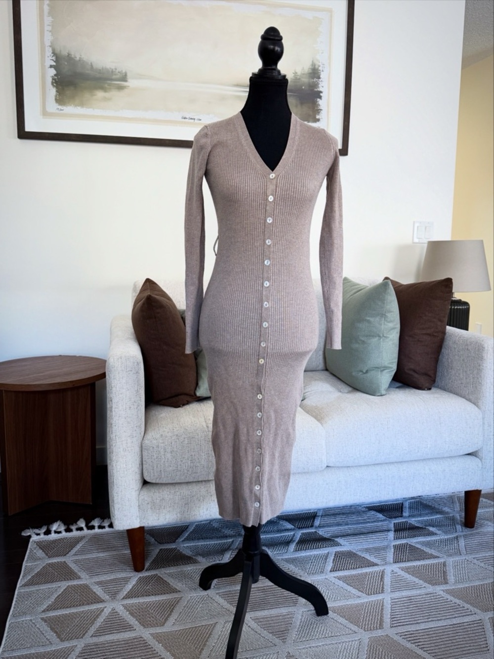 Dynamite Taupe Ribbed Button-Front Long Sleeve Midi Dress